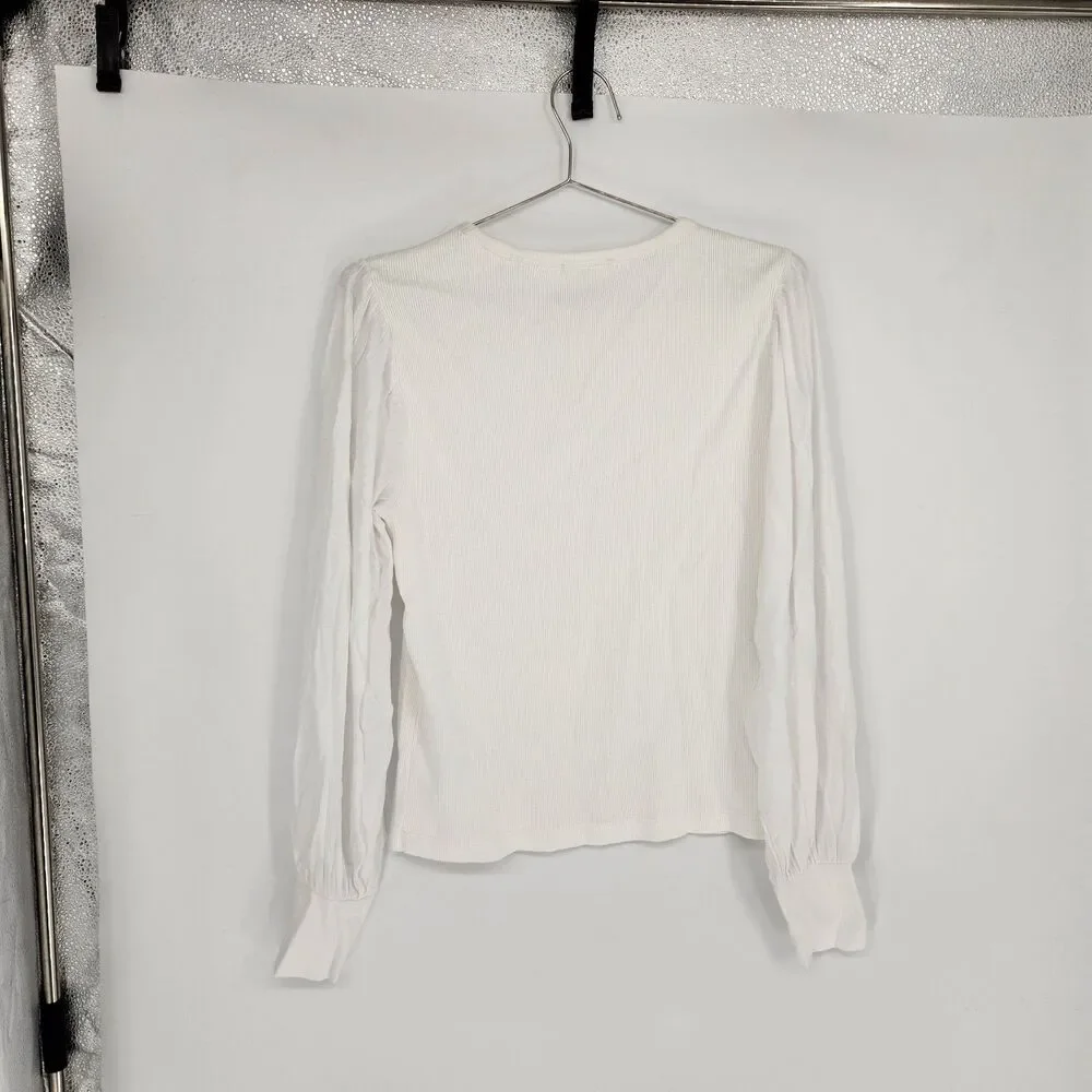 Madewell Large White Ribbed Puff Sleeve Top NWT‎